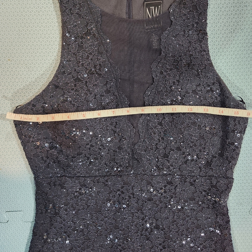 Nightway Women's Sequined Lace Cocktail Dress Charcoal Blue Illusion Neck Sz 8 - Picture 5 of 8